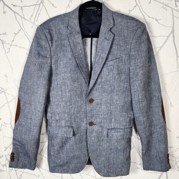 H&M Blue Chambray 100% Linen Elbow Patch Slim Fit Blazer - Picture 1 of 7